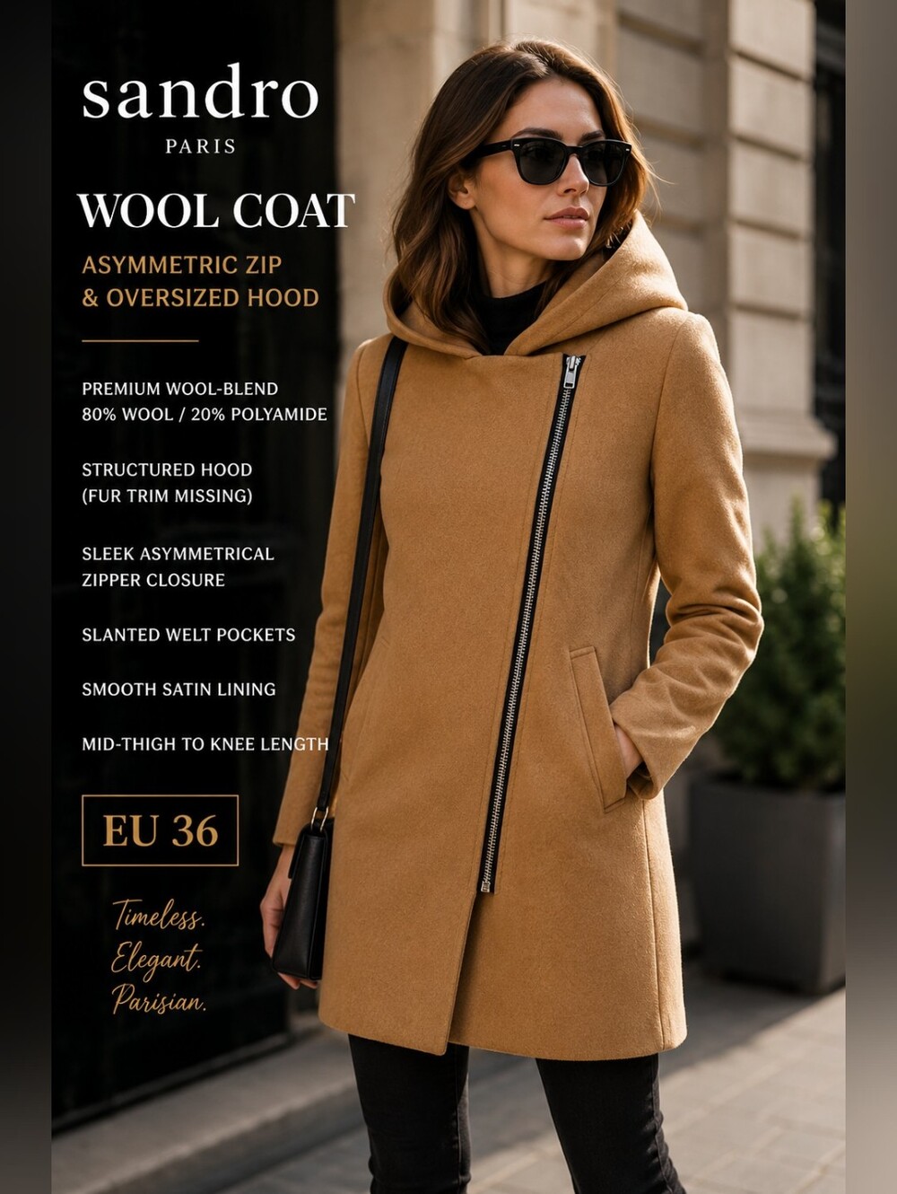 Sandro Paris Camel Wool Asymmetric Zip Hooded Coat – EU 36